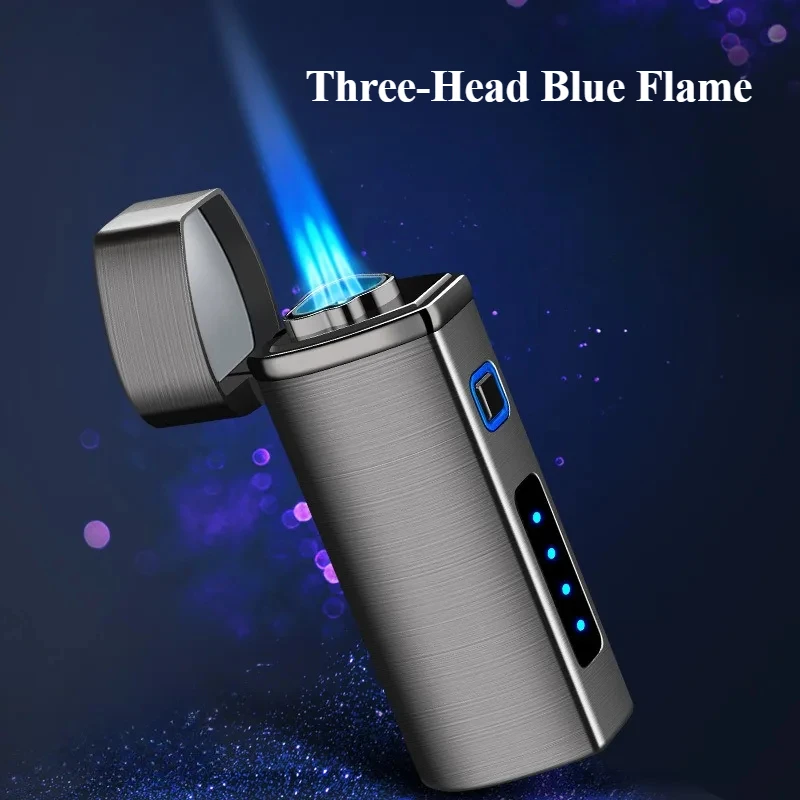 Three-head Direct-injection Blue Flame Cigar Lighter Gas-electricity Electricity Display All-in-one Electronic Induction Lighter