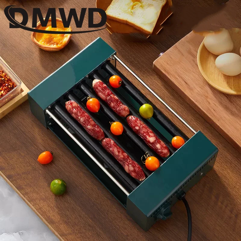 DMWD Mini Electric Hot Dog Roller Sausage Heating Machine Non-stick 2/3 Rods Home Sausage Grill Barbecue Roast Breakfast Machine