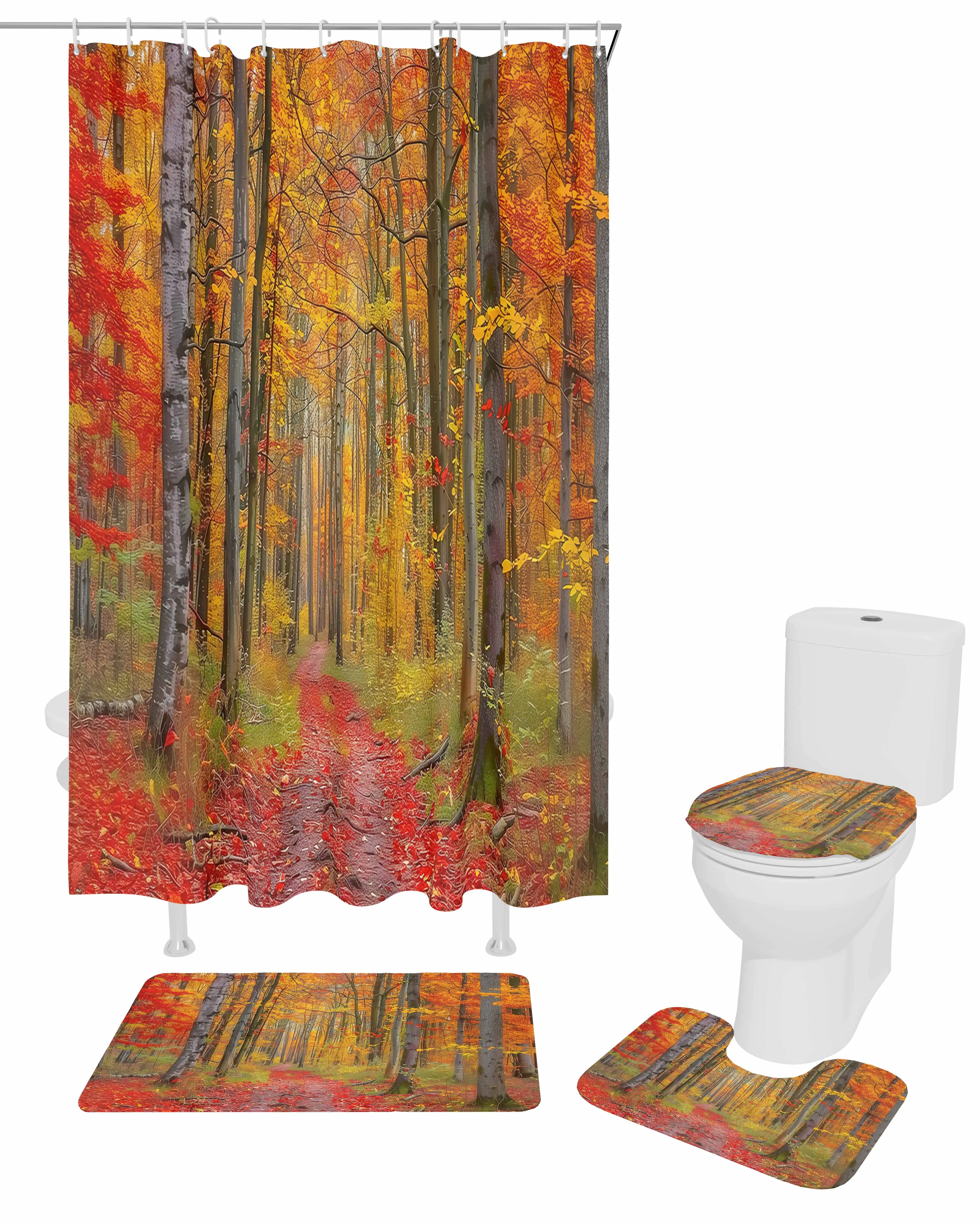 Autumn Forest Fallen Leaves Shower Curtain Set Non-Slip Rugs Bath Mat Toilet Lid Cover Waterproof Bathroom Curtain