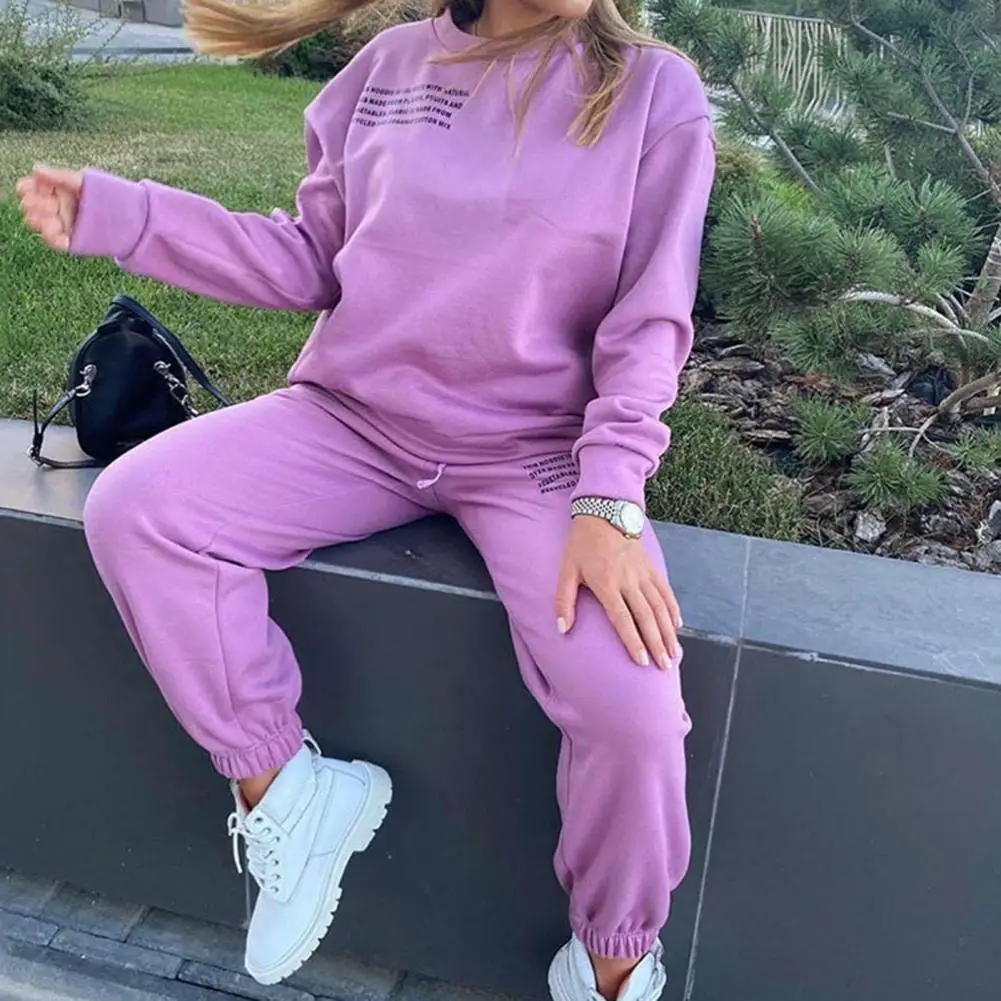 Women Tracksuit Letter Print O Neck Long Sleeves Women Sweatshirt And Sweatpants Set Thick Warm Loose Ankle-banded Trousers Set