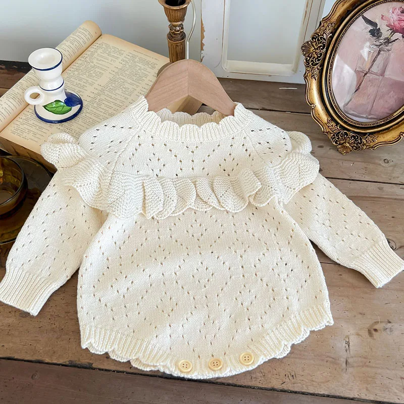 Newborn Baby Girls Knitting Bodysuits Solid Color Hollowed Out Long Sleeve Autumn Spring Infant Baby Girls Knitting Jumpsuit