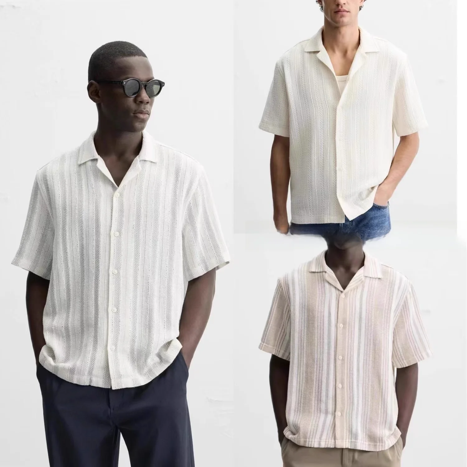 

Summer 2025 Men's Casual Striped Texture Slim Straight ort Sve irt Faion Urban Sle Youth Regular Fit Chinese Produ...