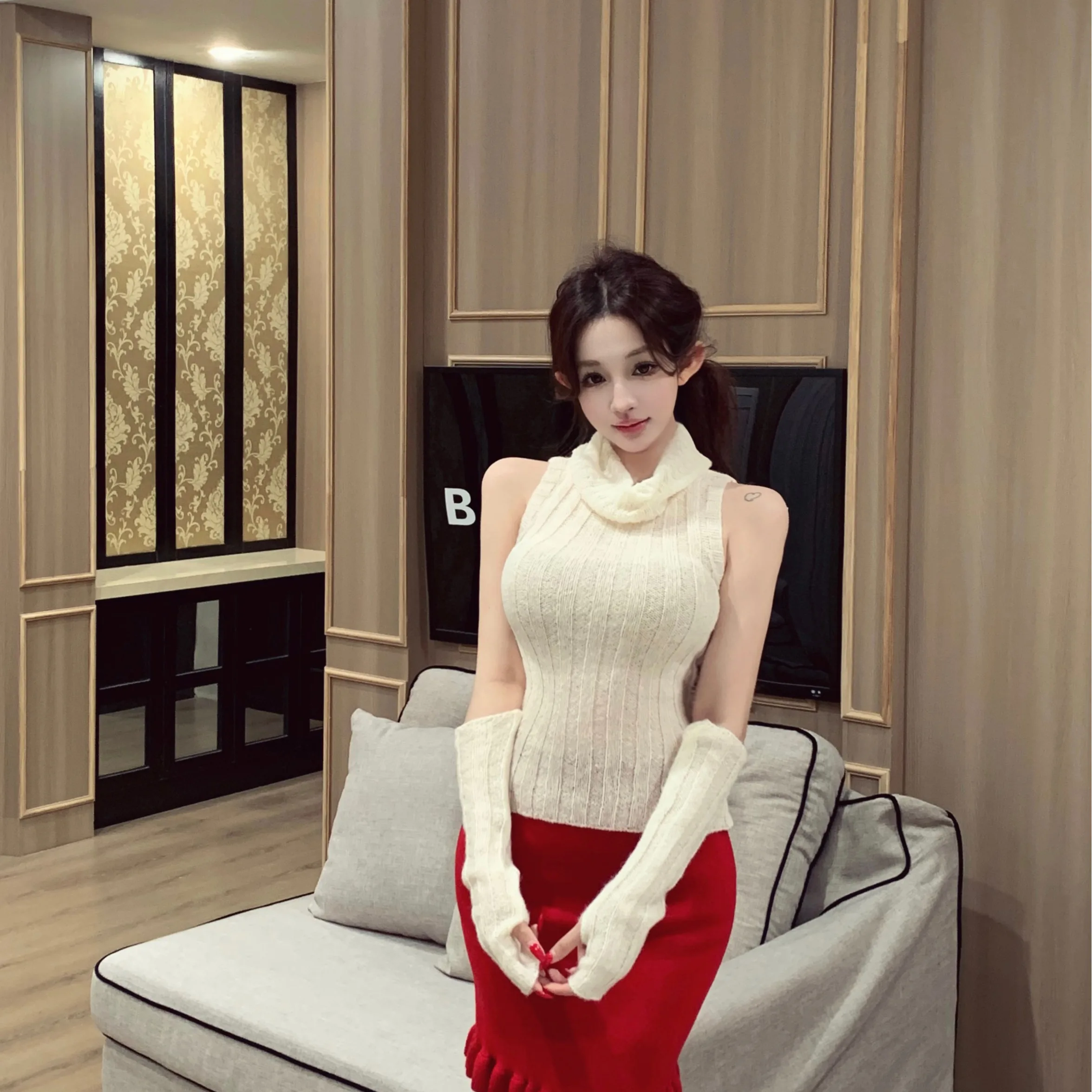 Модный вязаный повседневный красный топ с утягивающей талией и осенне-зимний комплект для женщин, свитер с высоким воротником