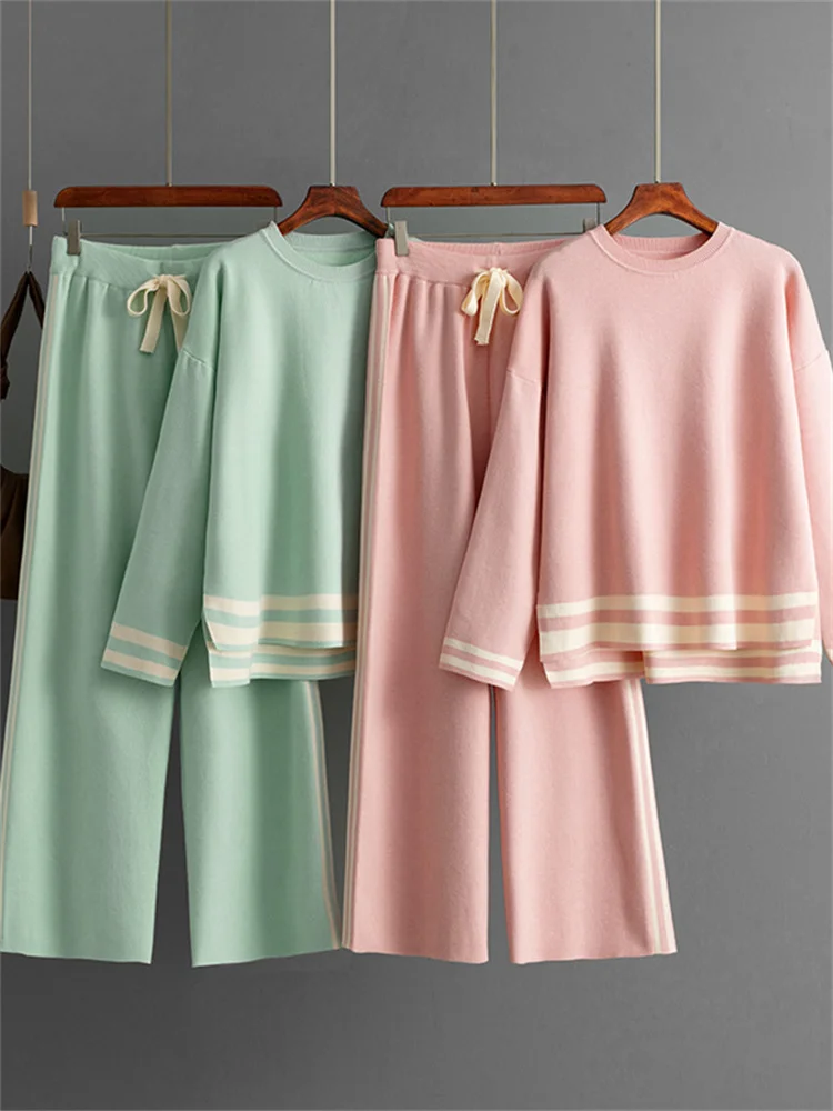 Fashion suit women's autumn and winter knitted round neck loose fitting pullover sweater wide leg pants two-piece set