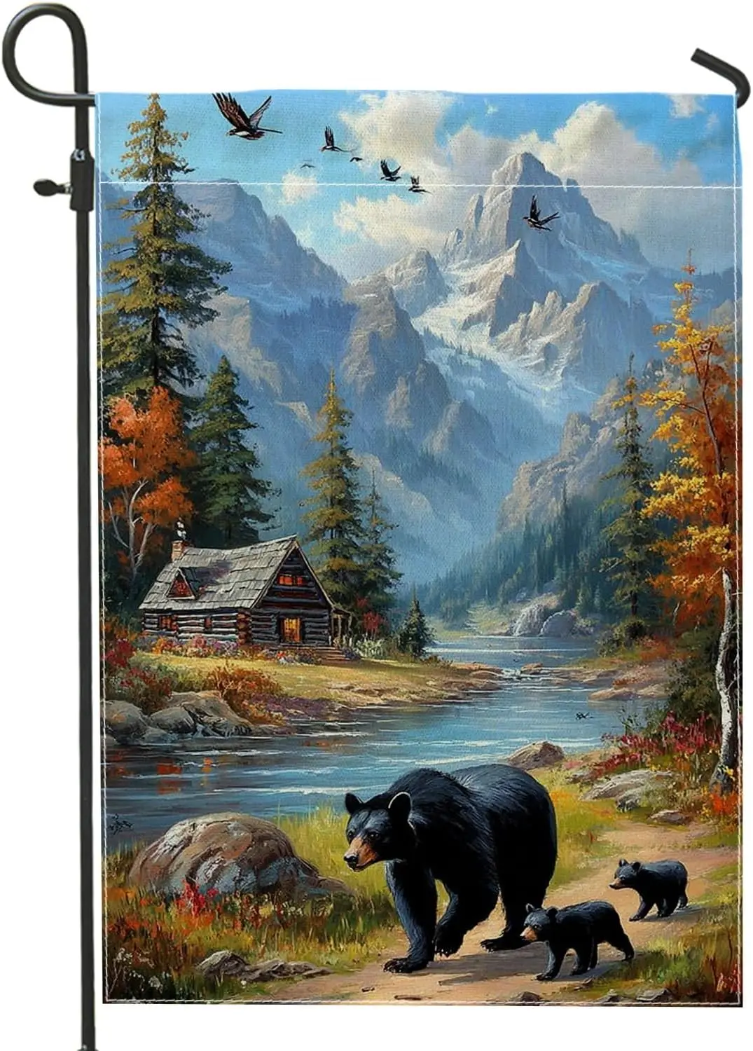 Autumn Bear Garden Flag, Black Bear Family Mountain Scene Outdoor Decor, Double Sided Burlap Yard Flag for Fall Home Decorat PPZ