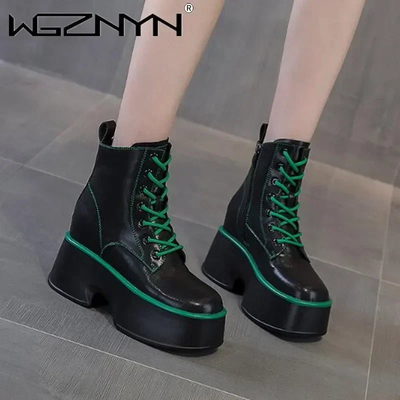 11cm rotador couro genuíno feminino meados de bezerro botas da motocicleta plataforma wedeg rendas até deslizamento em 2026 primavera outono inverno sapatos confortáveis