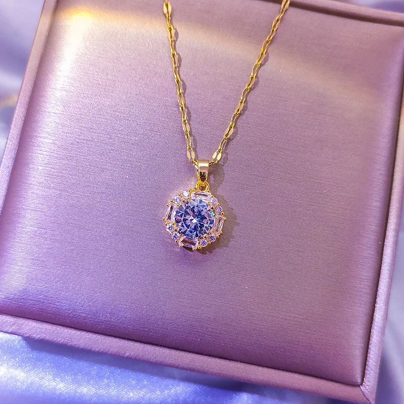 

Trendy New Women's Titanium Steel Necklace Large Zircon-inlaid Pendant Fashionable Jewelry Gifts Elegant Party Dinner