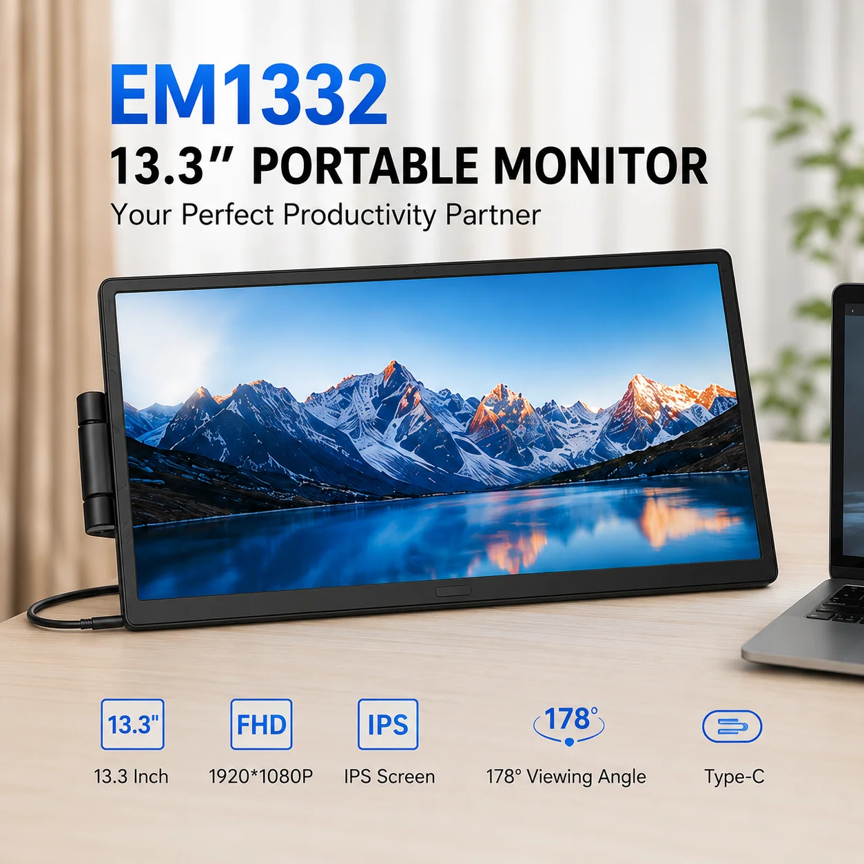 13.3 Inch Portable Monitor FHD 1080P IPS Laptop Screen Extender Type-C HDMI External Display Second Screen EM1332