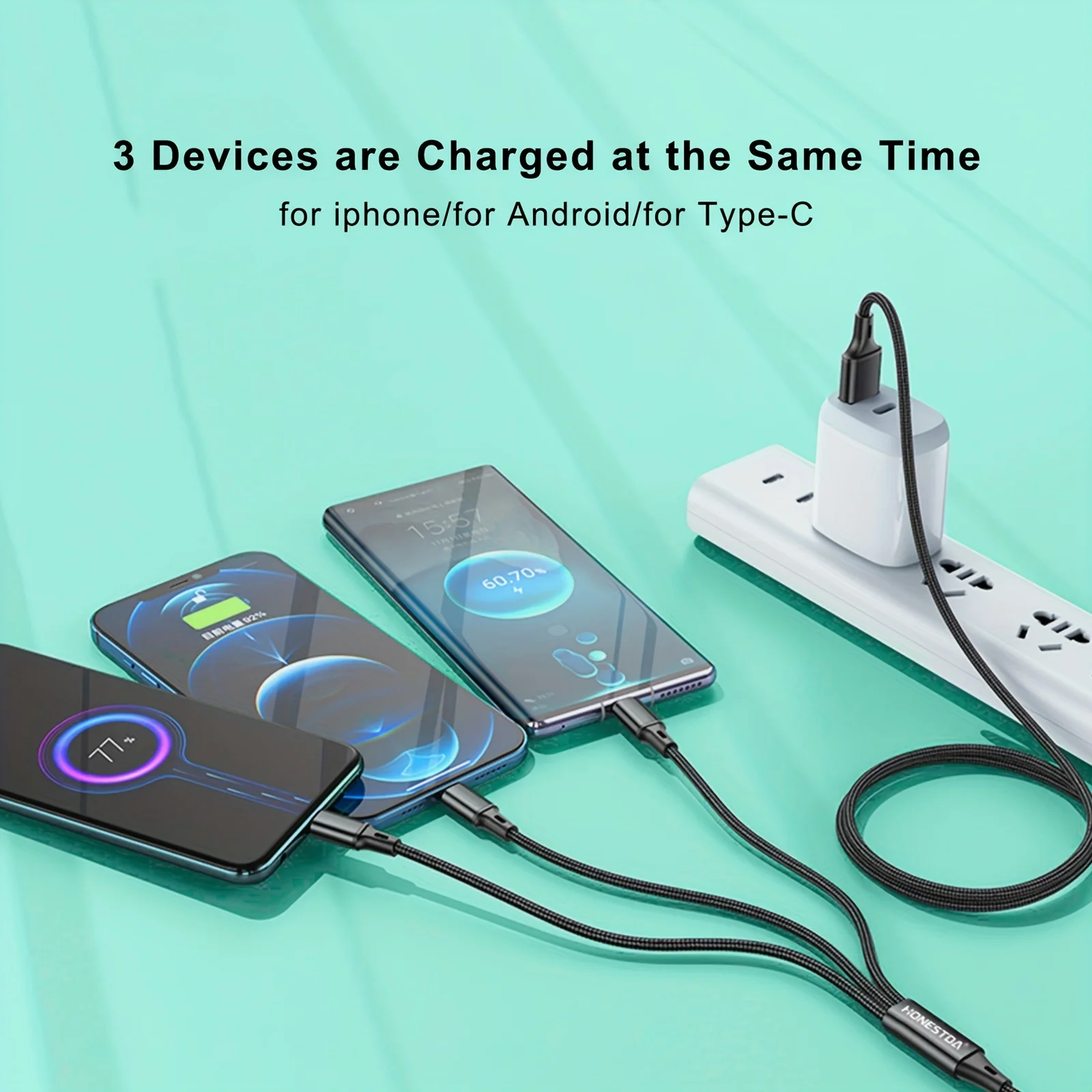 3 In 1 Fast Charger Cable, Multi Charging Cord USB Cable Adapter with For Apple Charging/Type C/Micro USB/Tablets...ect.