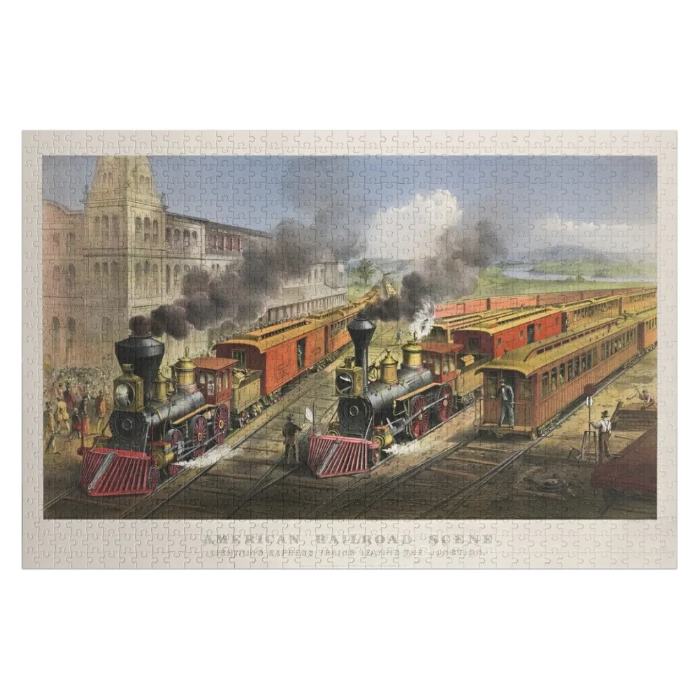 Lightning Express Trains Leaving The Junction - American Railroad Scene - 1874 Jigsaw Puzzle Custom Wooden Name Puzzle