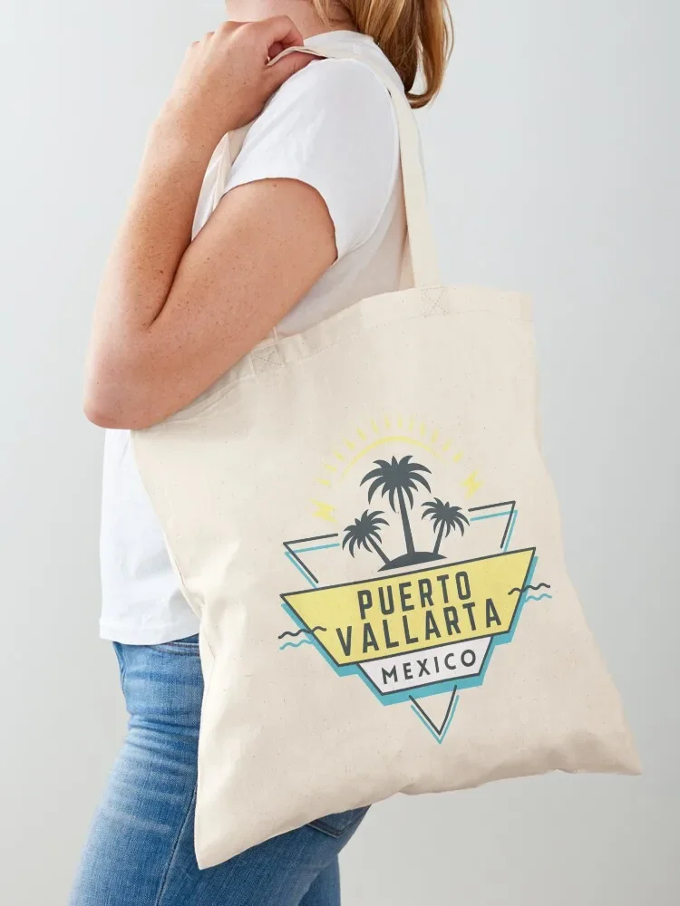 Puerto Vallarta, PV, Vallarta, Mexico, Souvenir, Palm Trees Design, Retro, 80's, Graphic Design Tote Bag the tote bag Tote Bag