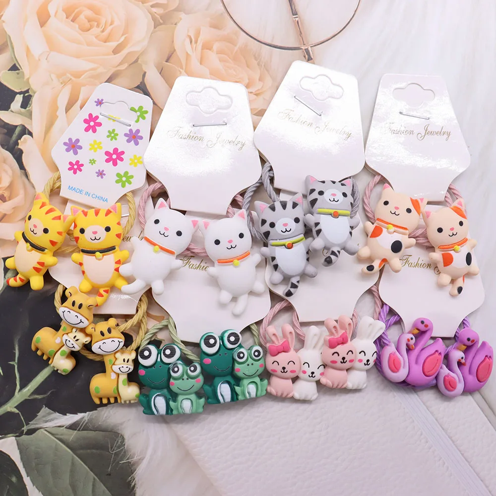 2Pcs New Girls Cute Cartoon Animals Cat Small Scrunchie Rabbit Rubber Bands Ponytail Holder Headband Fashion Hair Accessories