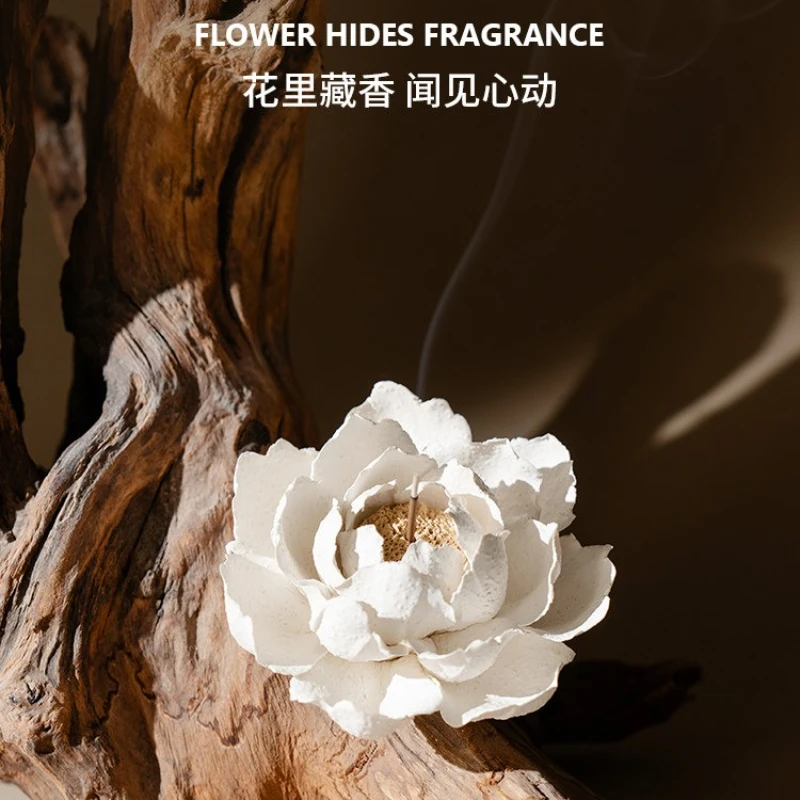 Intangible Cultural Heritage Handmade Camellia Incense Holder & Ceramic Burner, Zen Stick Base Decor for Indoor Aromatherapy.
