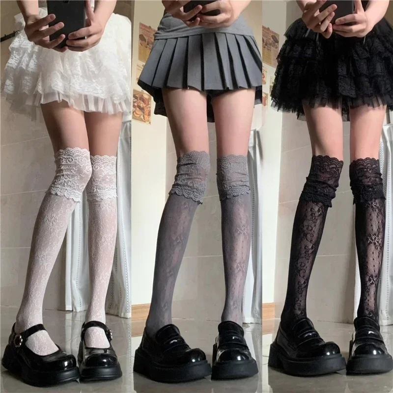 Y2Kニューウィメンズフラワーレースフィッシュネット太もも丈ハイソックス和風JKガールスイートレーストリムフリルオーバーニーロングソックス