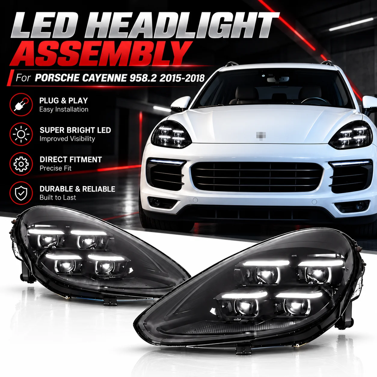 Image of 2 Stück LED-Scheinwerfer-Set für Porsche Cayenne 958.2 2015-2018, Scheinwerfer 2024 Matrix-Stil Frontscheinwerfer mit Projektorlinse & Blinker, Upgrade-Ersatzzubehör