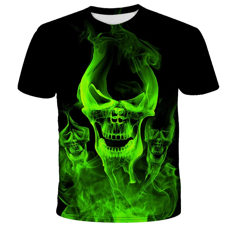 Summer Fashion New Red Flame Perspective Skull Full Print Short Sleeve Loose Dark Wind Speed Dry Men's T-shirt view 2
