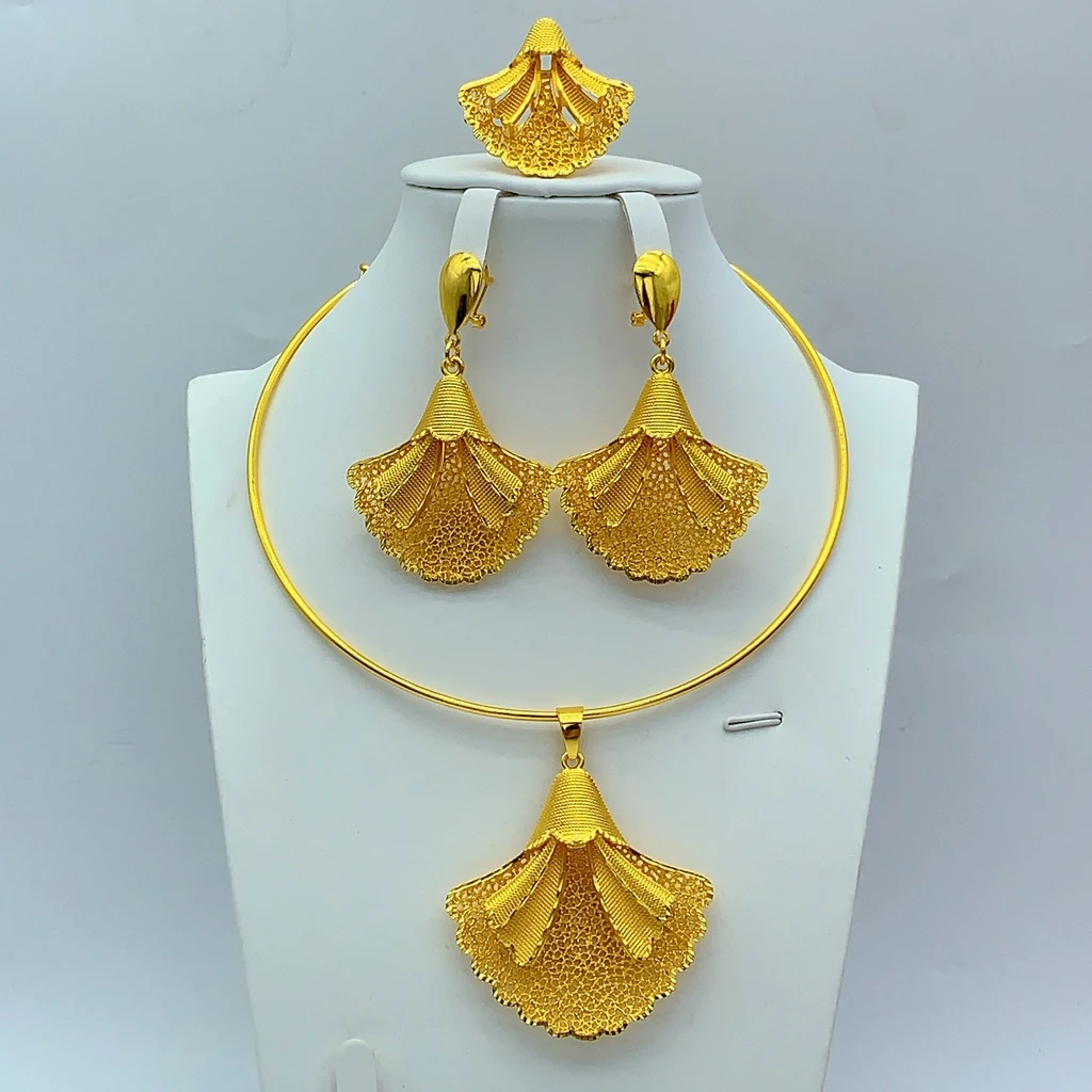 Dubai 24k Gold Plated Jewelry Sets For Women Ethiopian Indian Bridal Fan-Shaped Necklace And Earrings Set Wedding Party Gift