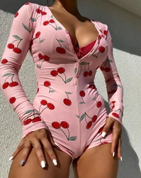 Women's Romper Trendy 2026 Sexy Bodysuit Pajamas Casual Nightgown Cherry Print V-neck Button Front Long Sleeve Slim Fit Jumpsuit