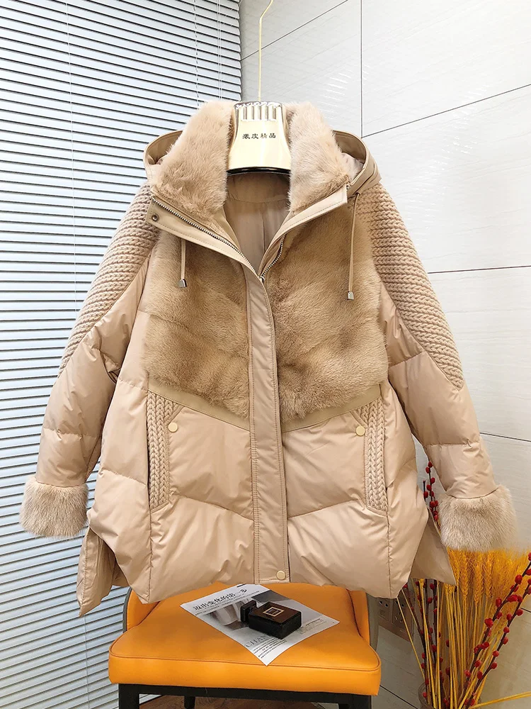 2023 Fashion Autumn Winter Women Coats 90% White Goose Leather Down Jacket Real Mink Fur Collar Thick Warm Luxury Female Coats