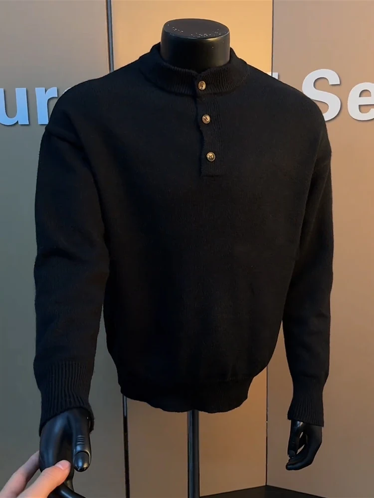 

Мужской вязаный свитер свободного кроя с воротником хенли, винтажный, плотный, осенне-зимний, повседневный, модный, для ношения под одеждой