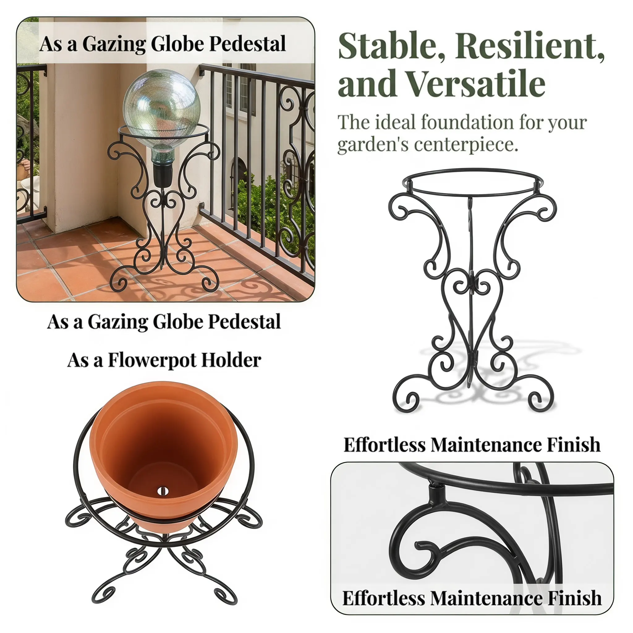Metal Gazing Globe Stand for Garden Bird Bath Wrought Iron Pedestal Base Outdoor Sphere Display Holder Flowerpot Holder Lawn