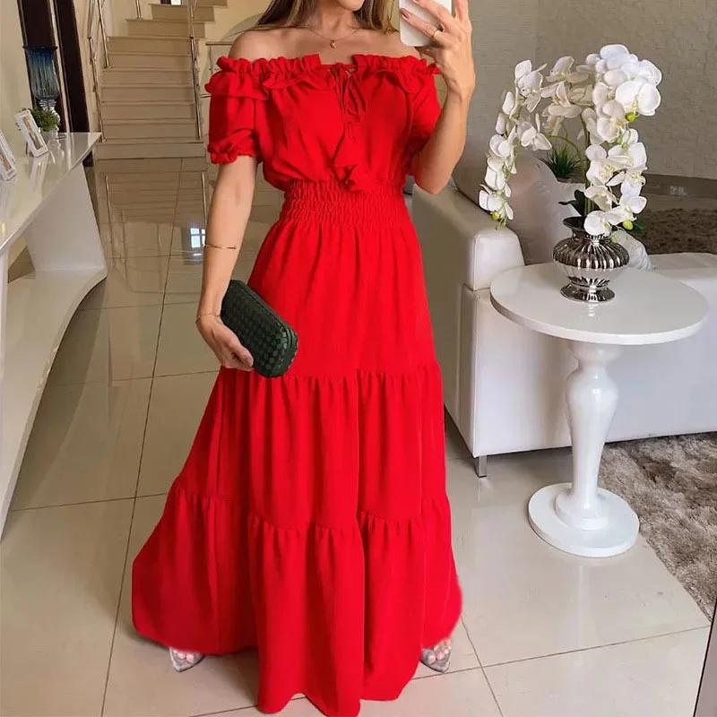 

Summer Slim Elastic Waist Long Dress Women Elegant Off Shoulders Big Swing Maxi Beach Dress Party Robe Femme Lace Up Robe Платье