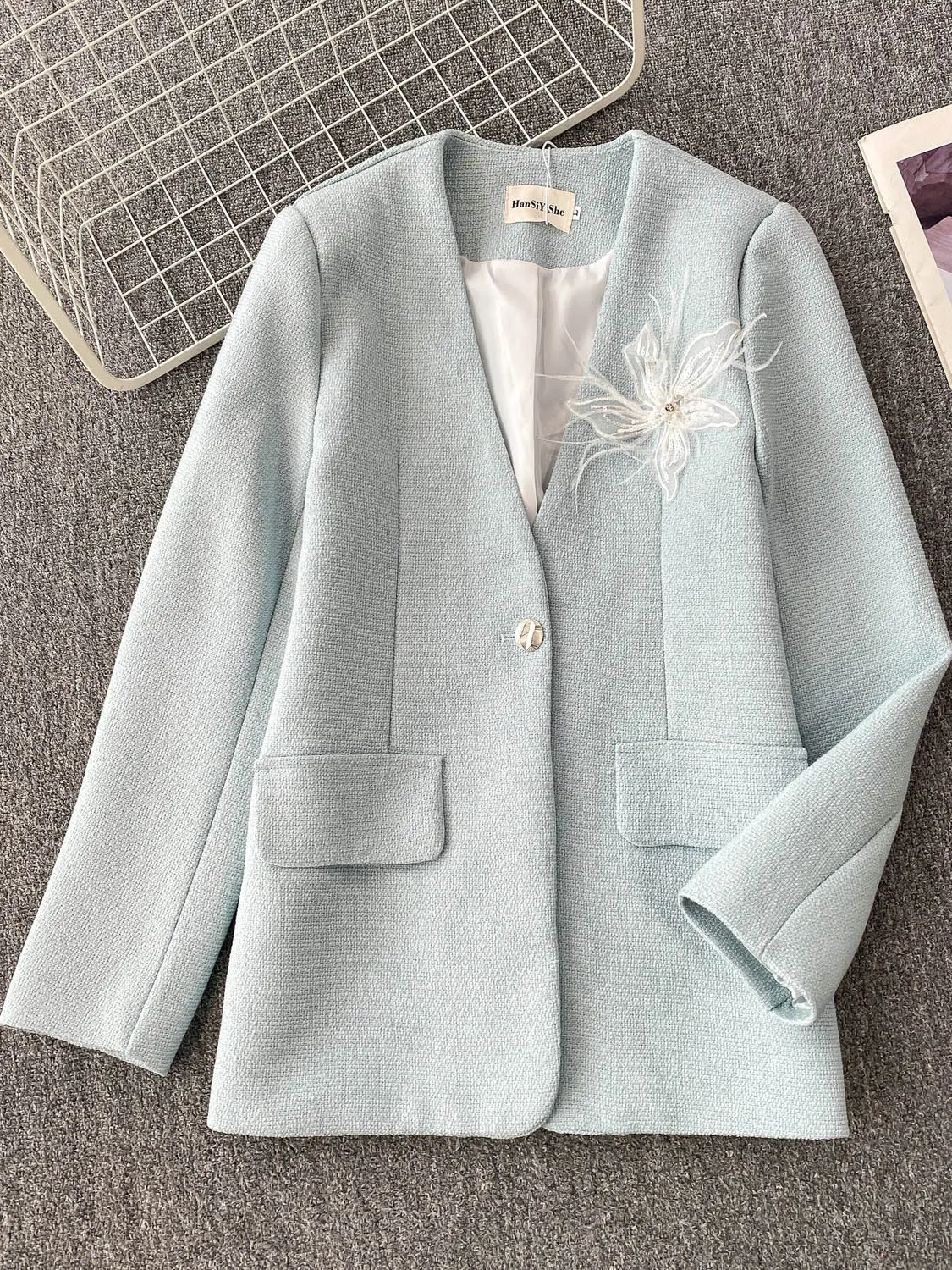 

Ele V-Ne Suit Jaet for Women in Autumn Winter Loose Woolen Casual Faion Commute Sle Long Sve Button Closure