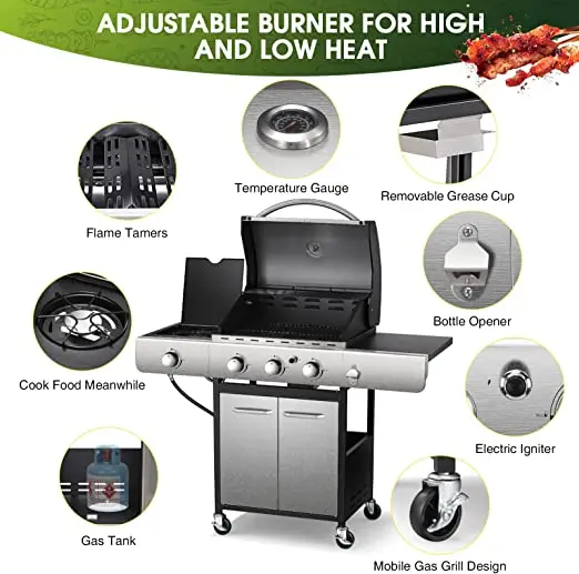 Four Burners Liquid Propane Gas Grill BBQ Gas Grill with Stainless steel Gas BBQ Wagon For Outdoor use