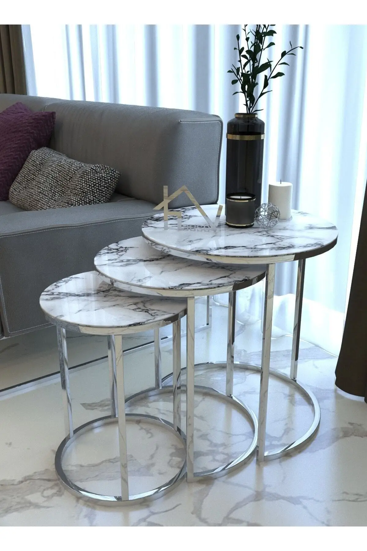 End Table Coffee Table Set Marble Pattern Silver Metal Nesting Table Modern Luxury Nesting Table Zigon Coffee Table Style