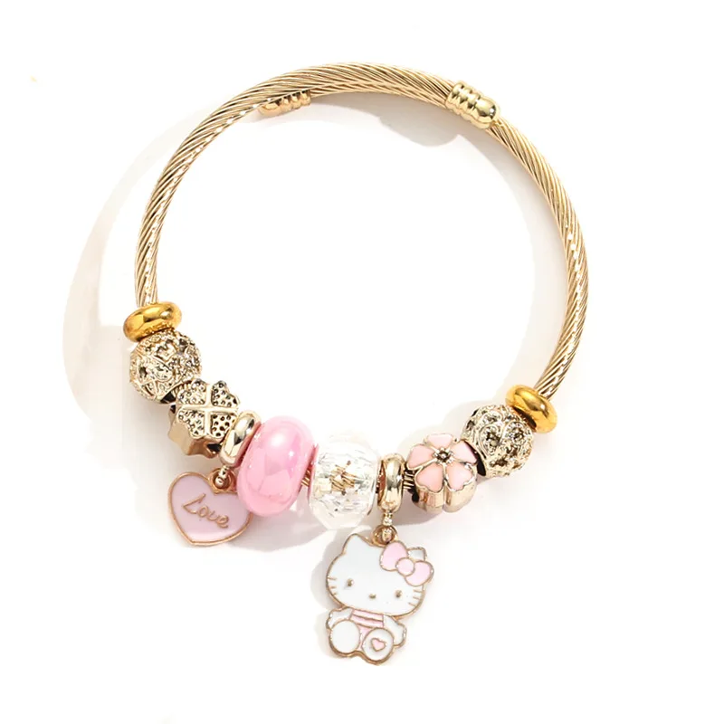 Sanrio Cartoon Hole Kitty bracciale bracciale Pandora regolabile in acciaio inossidabile per le donne regalo di compleanno con ciondolo a cuore di