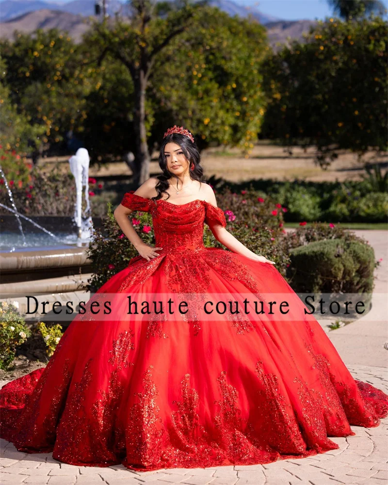 Customized Mexican Red Lace Appliques Quinceanera Dress Ball Gown 2025 With Bow Beading Corset Sweet 16 Dress Vestido De 15 Anos