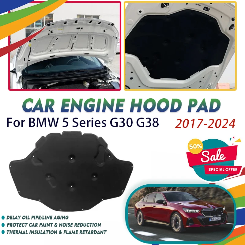 Car Engine Hood Pads For BMW 5 Series G30 G38 2017~2024 Sedan Long Wheel Version Sound Insulation Covers Heat Shield Accessories