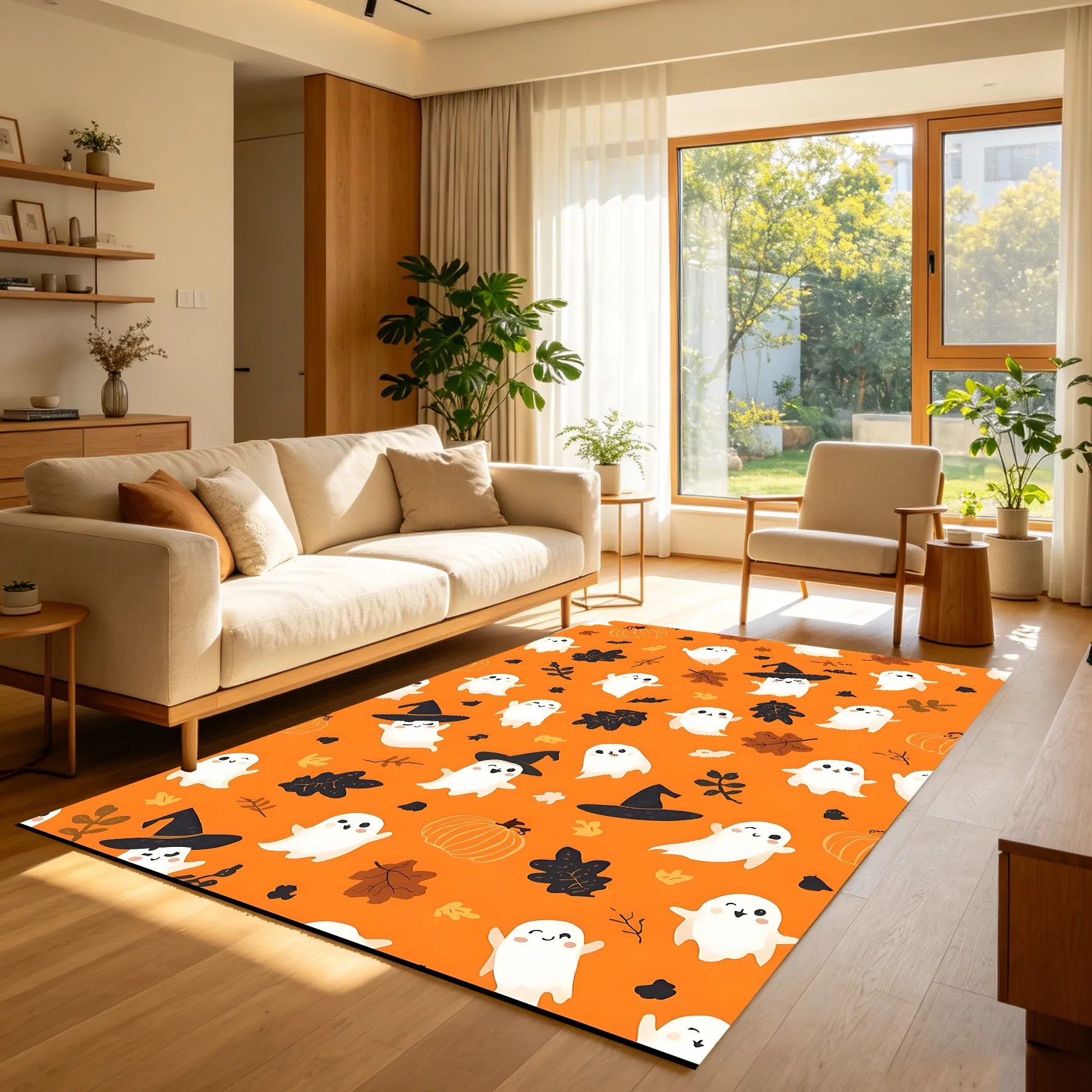 Cute Velvet Halloween Rug with a Spooky Maple Leaf Pattern, Perfect for Living Room and Bedroom, Ideal for Autumn and Winter.