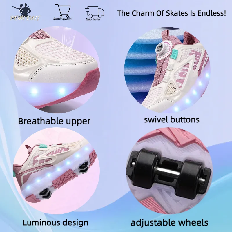 Teenage Girls Skates Luminous Student Children\'s 4 Wheel Dual-use Detachable Roller Skates Outdoor Leisure Wheeled Sports Shoes