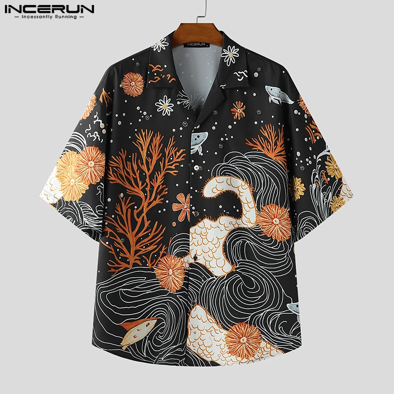INCERUN Männer Hemd Druck Revers Kurzarm Taste Sommer Männlichen Shirts Streetwear Lose Tops 2025, Urlaub Mode Männer Kleidung