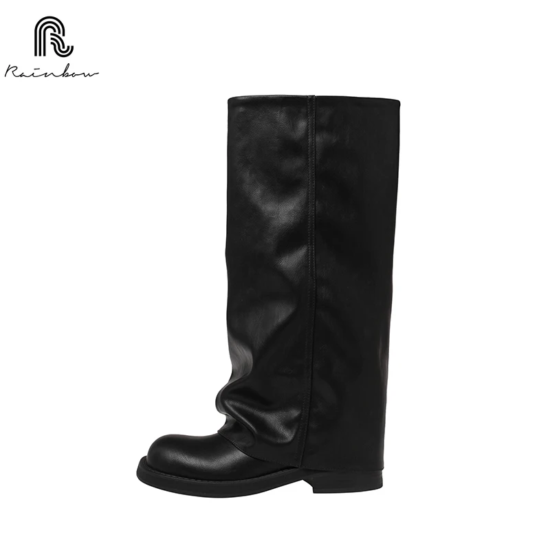 

RAINBOW Size 33-40 Women Western Knee Boots Fold Over Long Boots Cowboy Tall Boots For Cowgirl Retro Thick Heels Platform Shoes