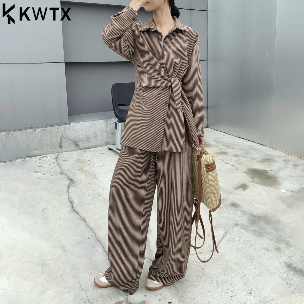

KWTX Women’s Color Block Stripe 2 Piece Set Lapel Tie Waist Button Down Shirt Wide Leg Pants Chic Premium Spring Summer Casual