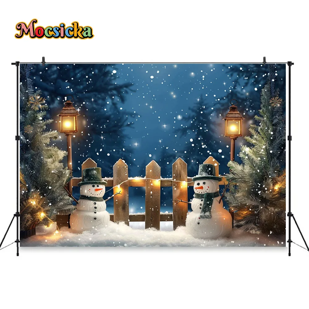 Winter Night Photography Background Snowman Snowy Christmas Tree Forest Lantern Fence Backdrop Kids Art Photo Studio Decor Booth