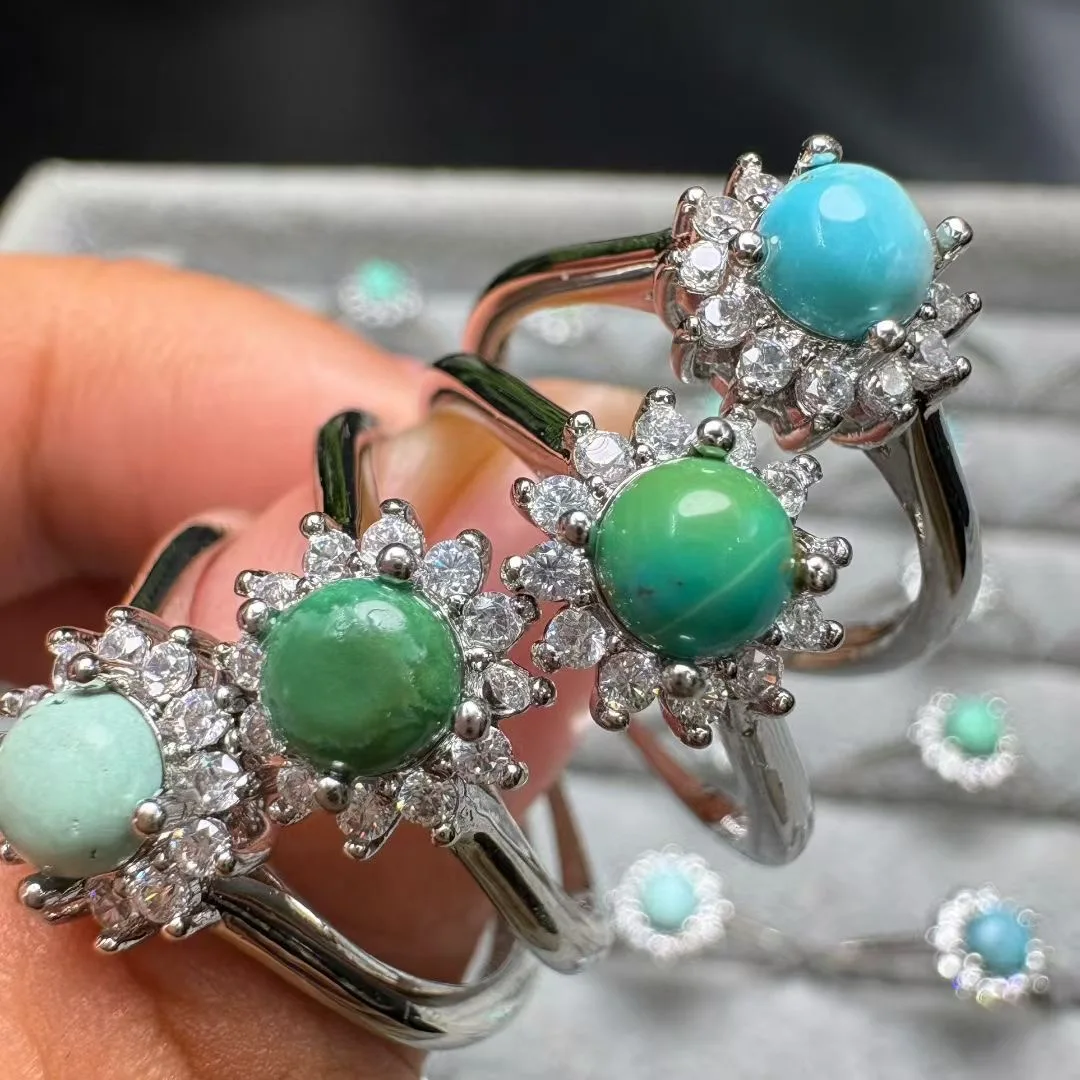 1Pc Fengbaowu Natural Turquoise Ring 4MM Round Cabochon Reiki Healing Stone Jewelry Gift For Women view 2