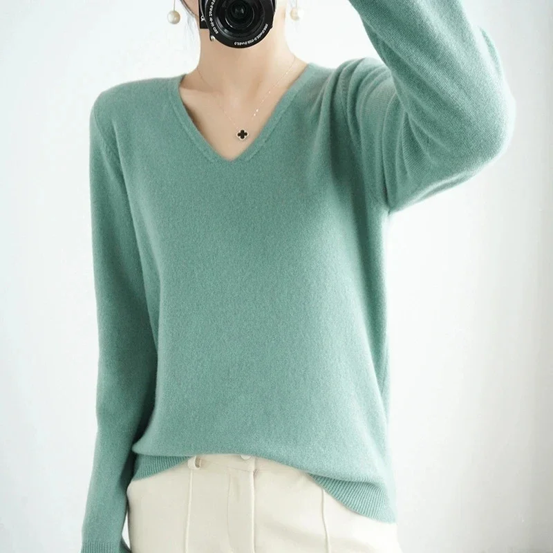 Women Sweater V-neck Spring Autumn Knitwear Long Sleeve Slim Warm Sweater Pullovers Lady Basic Jumpers Knitted Bottoming Shirt