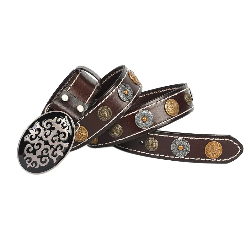 

3.8CM Heavy Metal Rivet Belt Men Real Genuine Leather Belt Smooth Buckle Stud Punk Jeans Belts Cowskin Strap Rock Cowboy