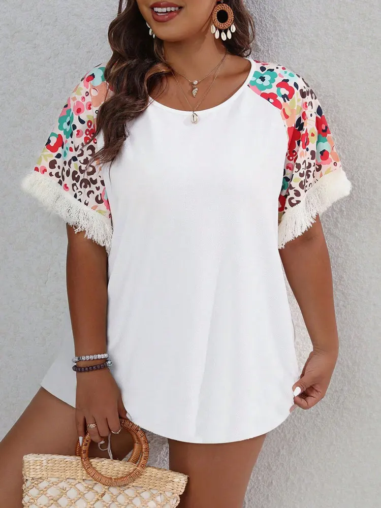 Women's Short Sleeve Floral Graphic T-Shirt Elegant Polyester Blouses with Tassel Curvy and Youth, Summer O-Neck Plus Size, 2023