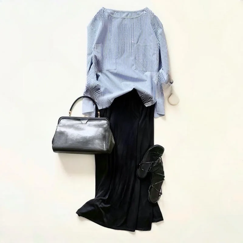 

2025 Spring New Round Neck Pocket Striped Top Elastic Waist Skirt Two Piece Set