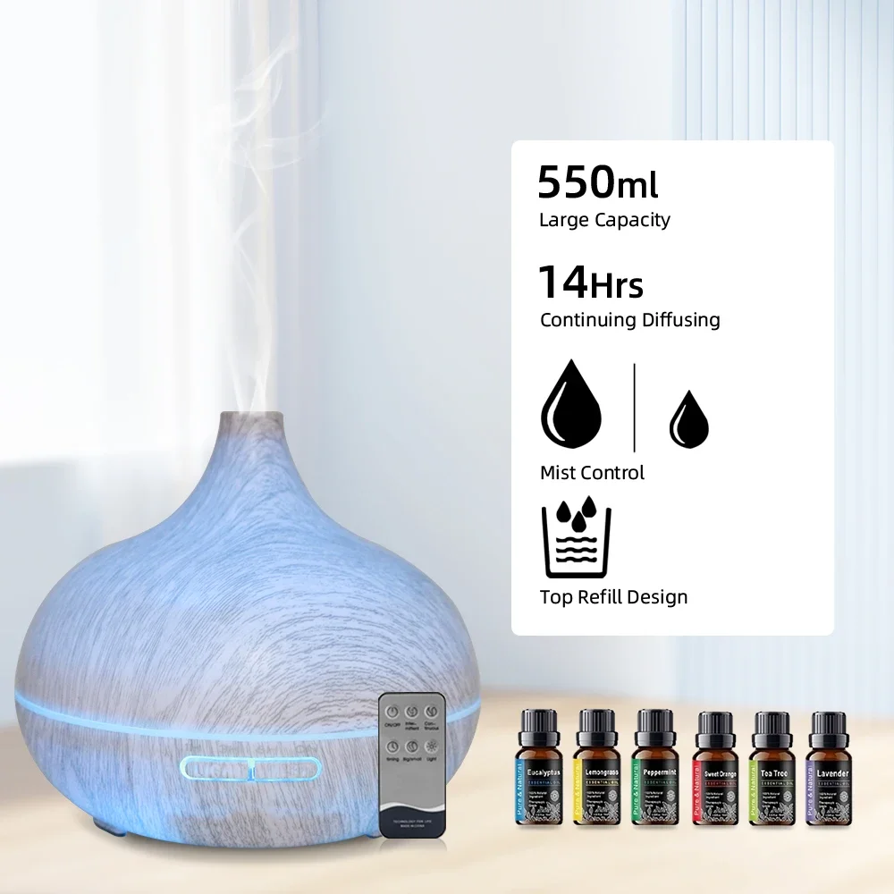 550ml Essential Oil Diffuser  Wood Grain, 6 Oils Included, Ultrasonic Humidifier, Remote Control & Auto Shut Off  Perfect for Ho