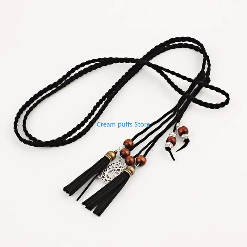 50LE Vintage Handmade Braided Belt for Women Fringe Beaded Decors Ladies Dress Belt