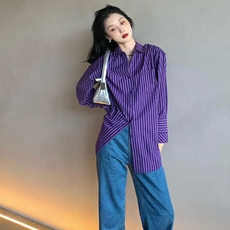 Camisas a rayas moradas para mujer, ropa informal Hipster de manga larga holgada Harajuku que combina con todo, Tops estilo gótico Vintage