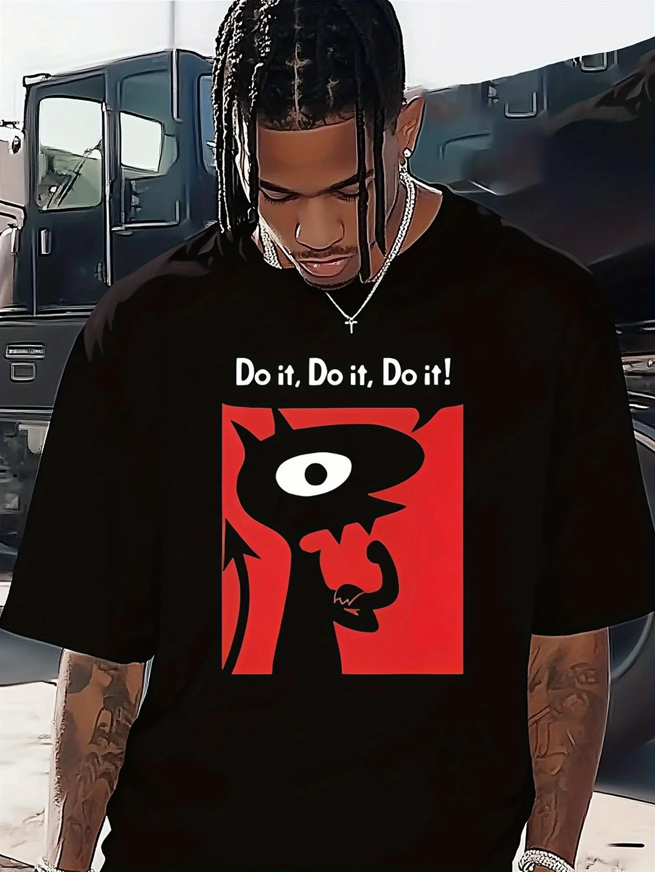 

Мужской хлопок "ДО ИТ!" Футболка с рисунком «Разочарование в стиле Лючи — черная повседневная футболка с короткими рукавами и красным квадратным персонажем Des