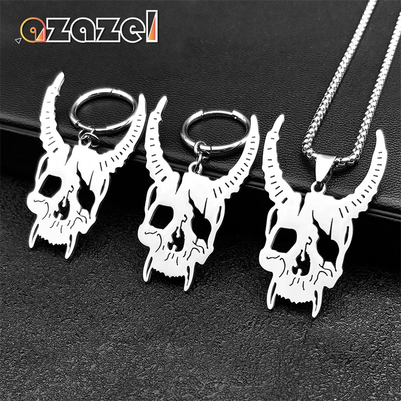 

Stainless Steel Gothic Sheep Head Skull Necklace Earrings for Men Women Retro Religious Alternative Punk Party Jewelry Set