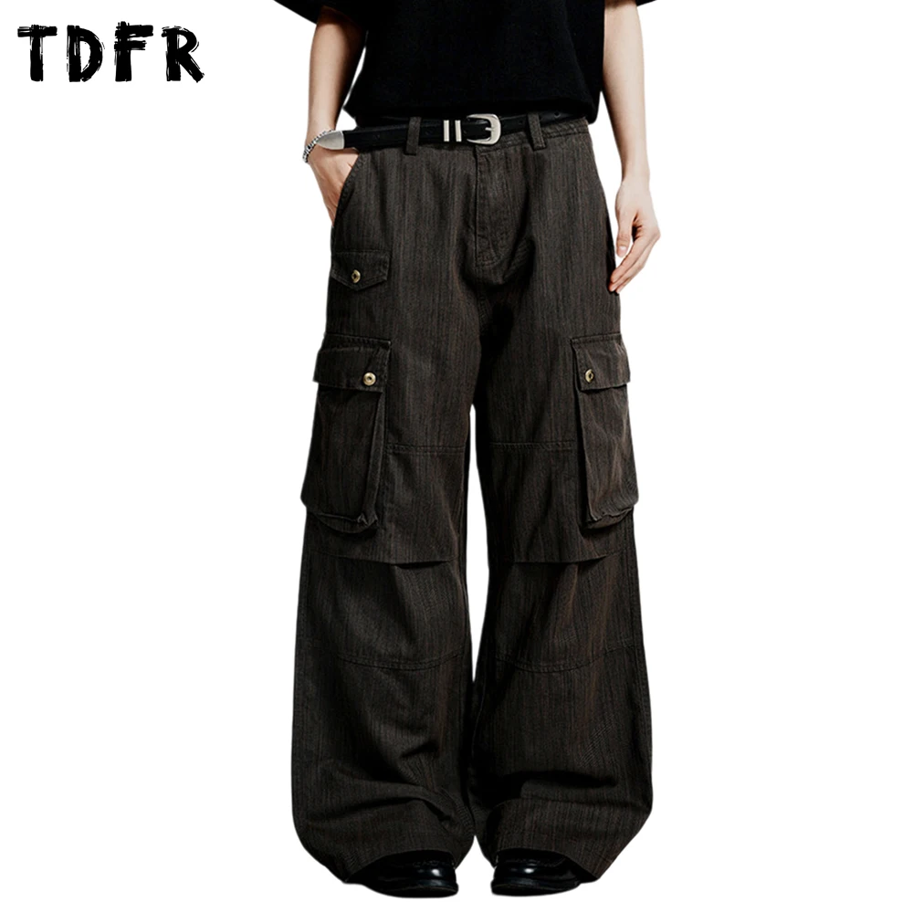 

Мужские прямые брюки-карго в стиле ретро, сшитые из разных тканей, с множеством карманов, в стиле сафари, свободные, широкие, повседневные