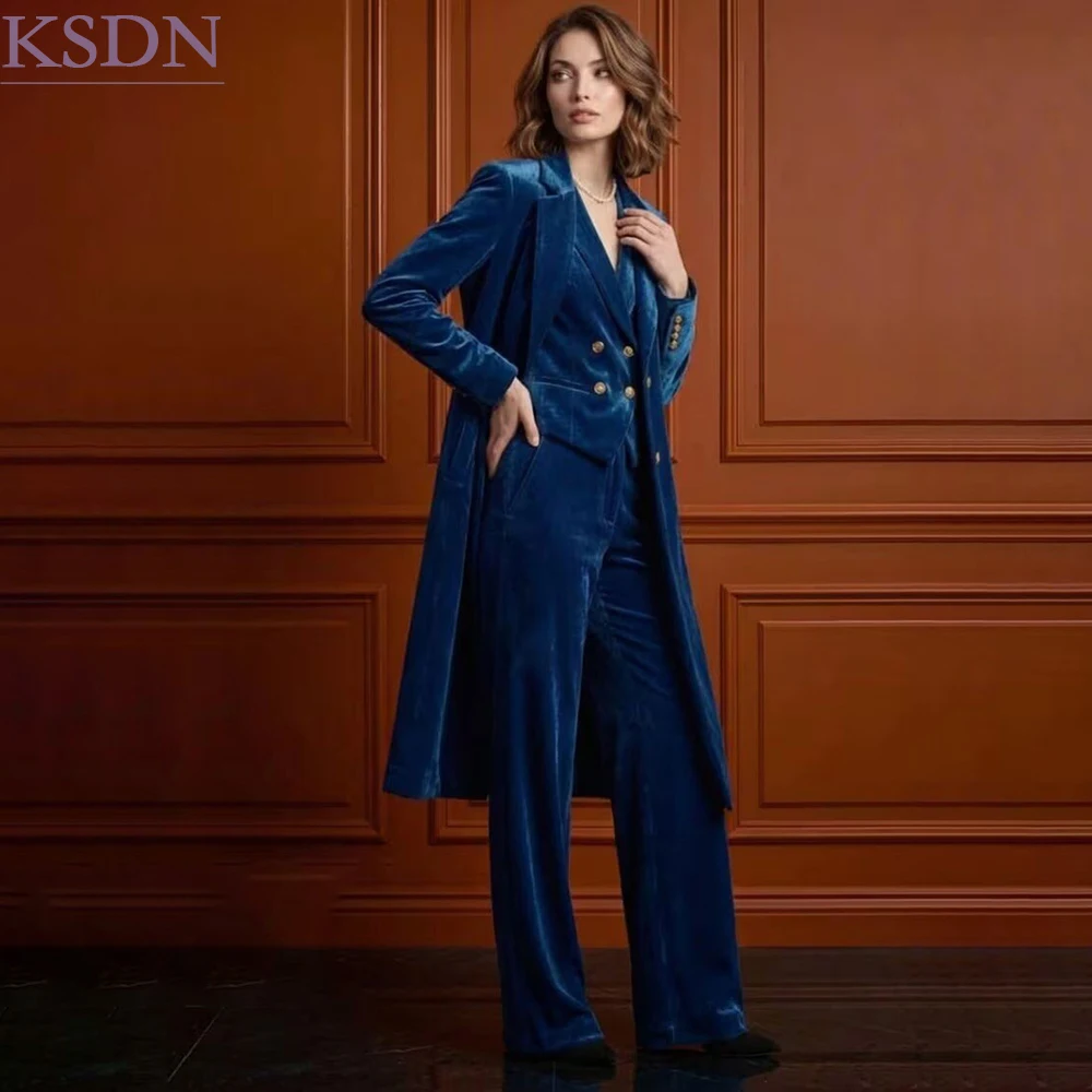 Fashion Modern Women's Suits Customized Single Breasted Notch Lapel Maxi 3 Piece Jacket Pants Vest For Business Female Clothing